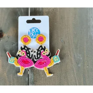 Flamingo On Vacation Seed Beaded Earrings.