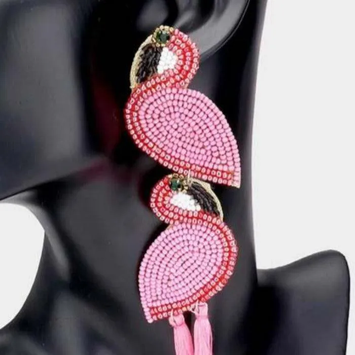 Flamingo Pink Seed Beaded Tassel Dangle Earrings