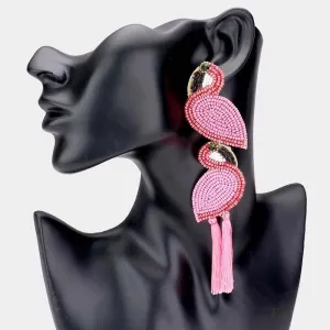 Flamingo Pink Seed Beaded Tassel Dangle Earrings