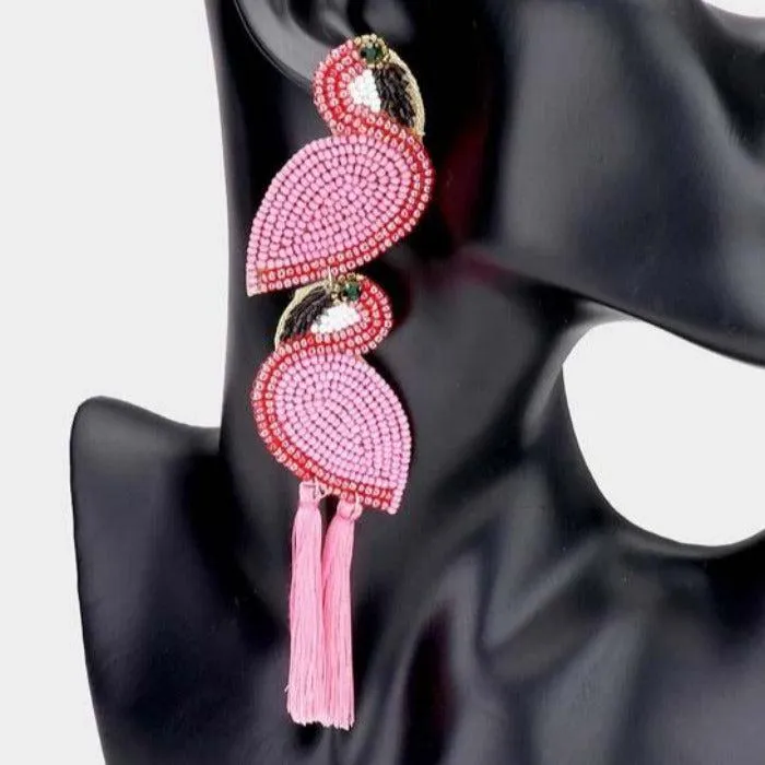 Flamingo Pink Seed Beaded Tassel Dangle Earrings