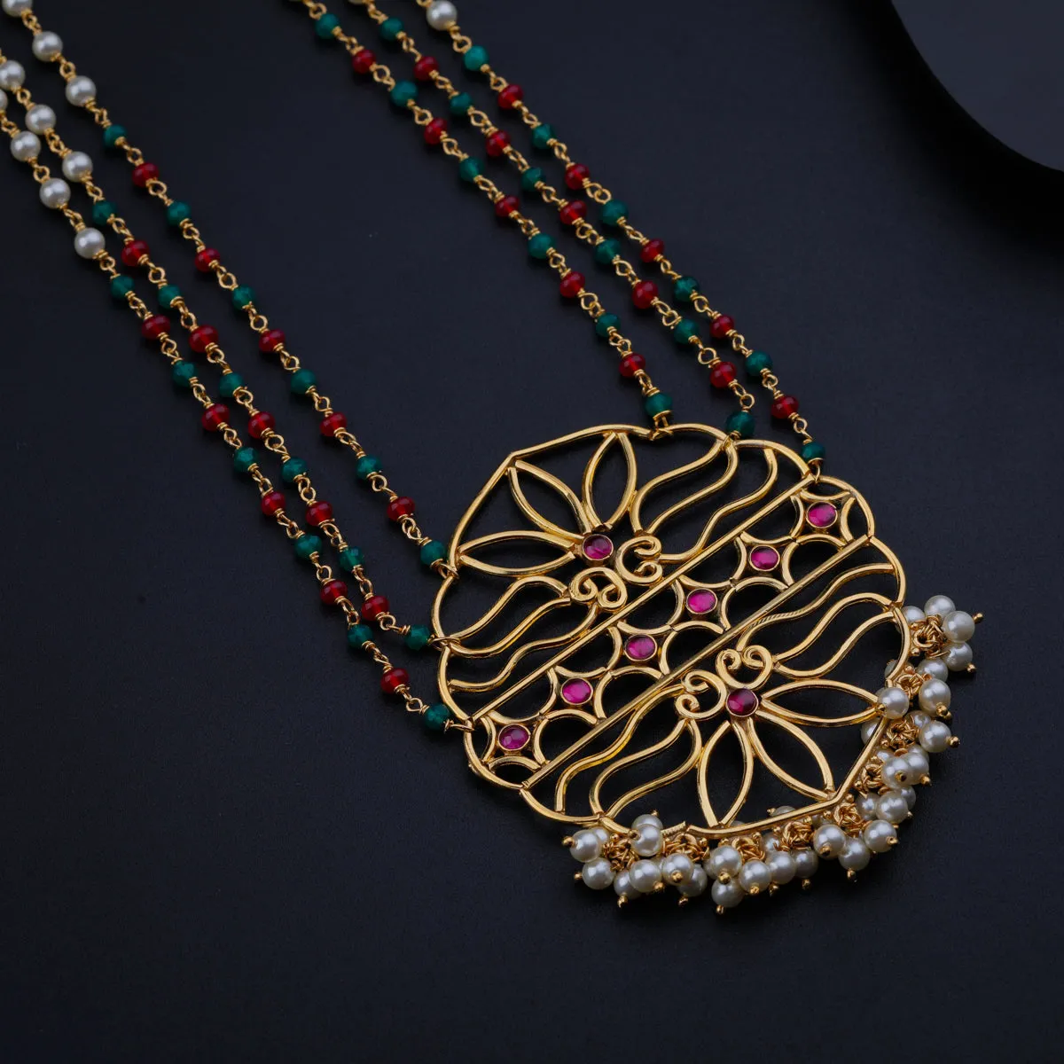 Fliligree Pendant Necklace with Pearls, Ruby and Green Onyx
