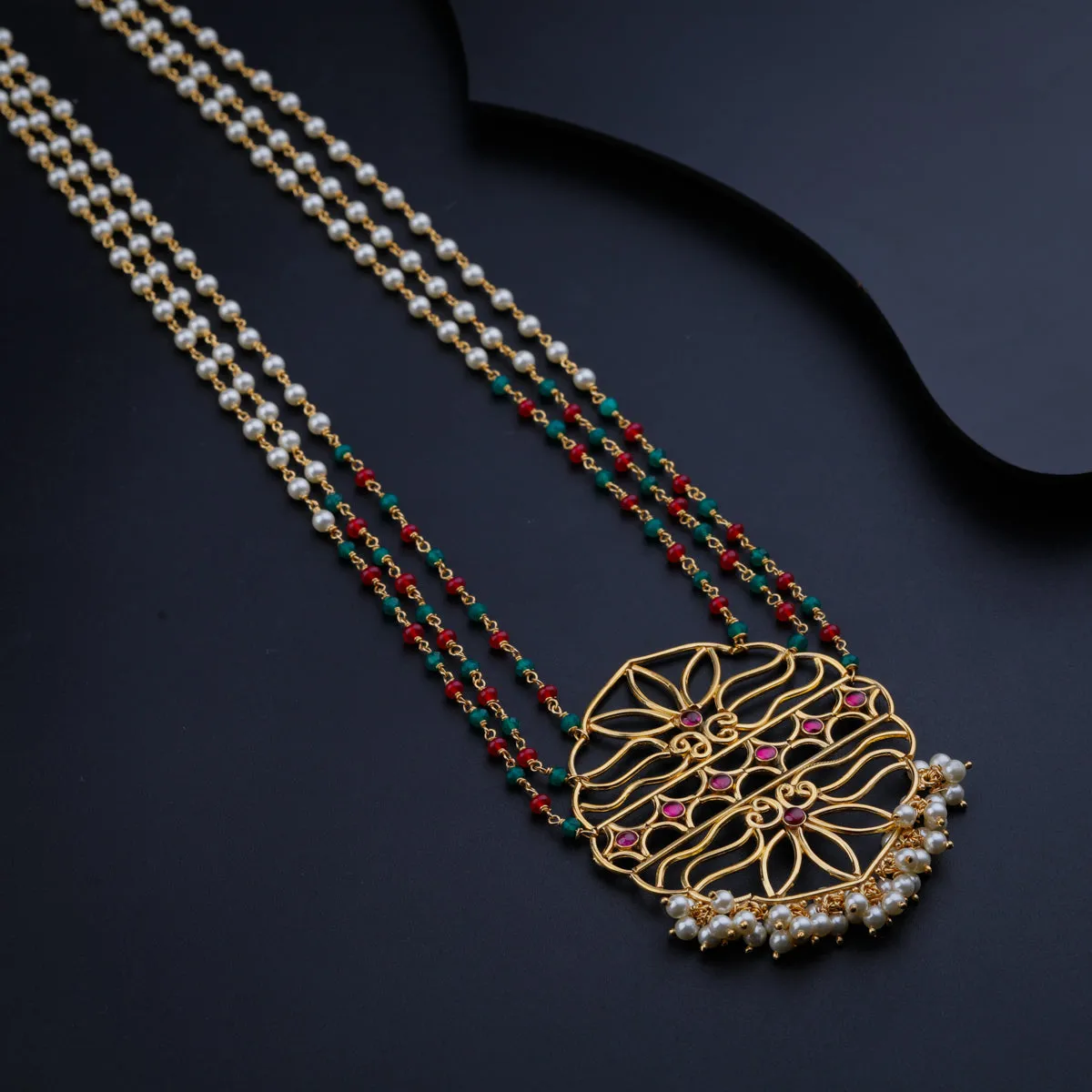 Fliligree Pendant Necklace with Pearls, Ruby and Green Onyx