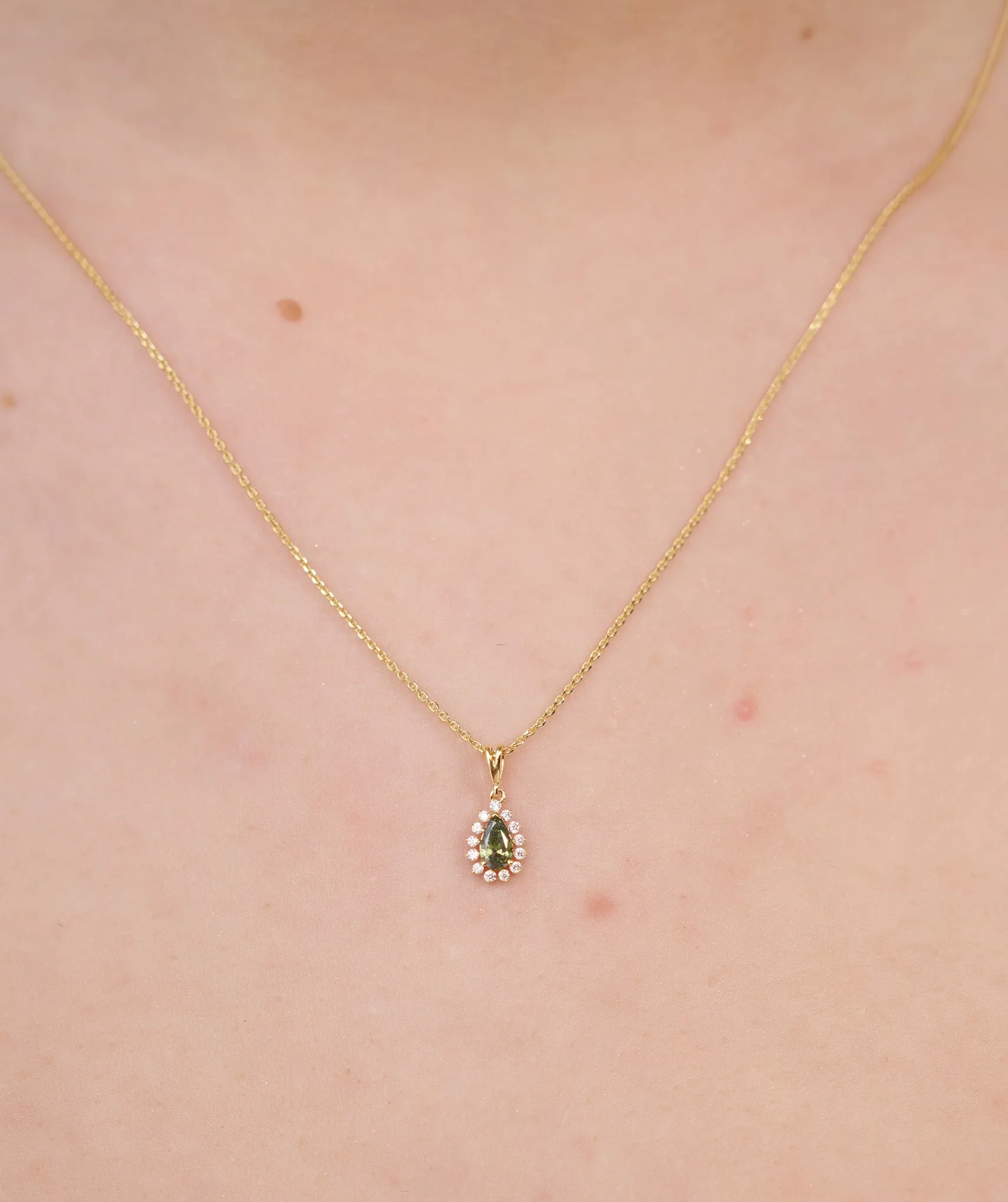 Floating Green Stone Necklace with Diamond Halo