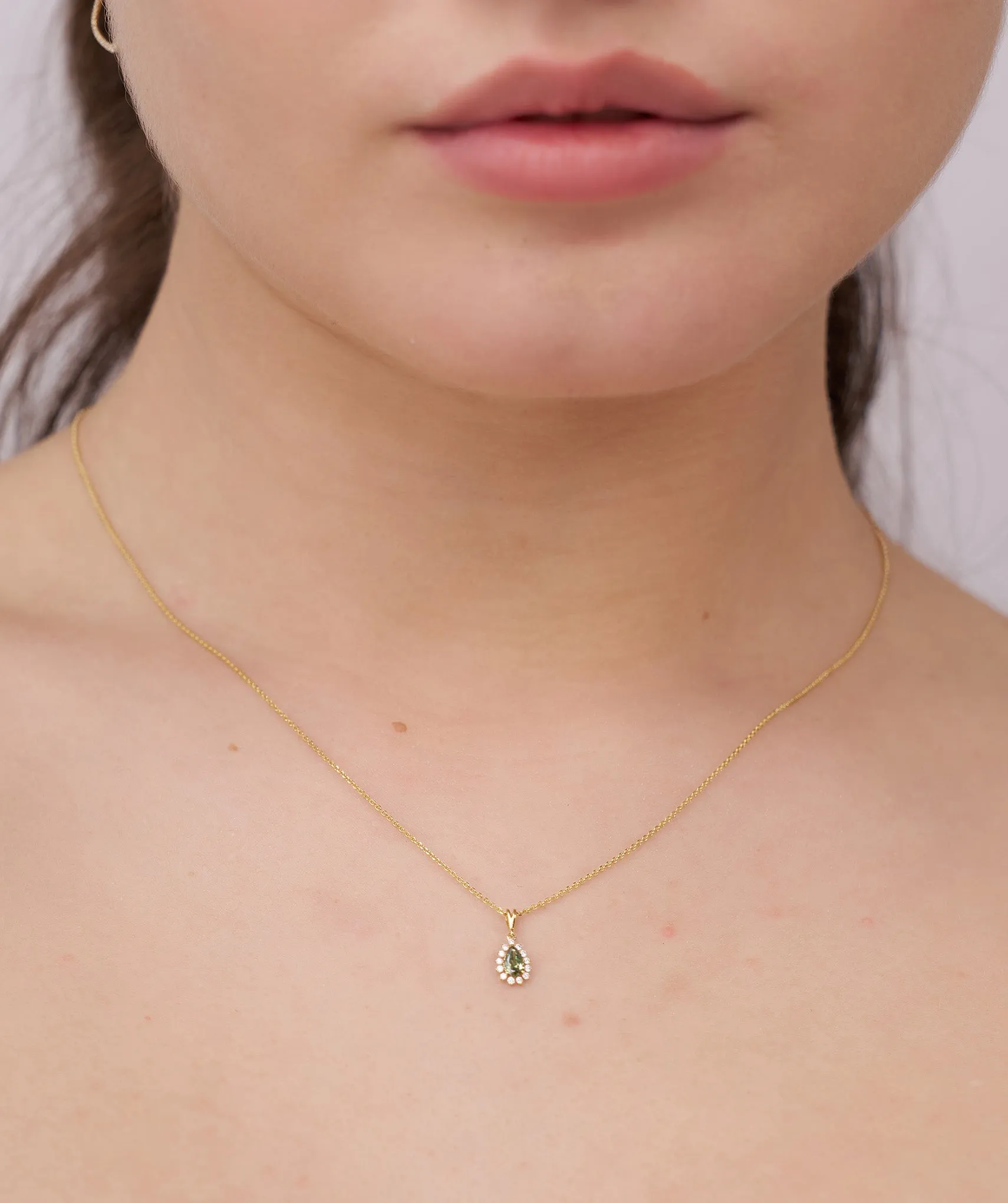 Floating Green Stone Necklace with Diamond Halo