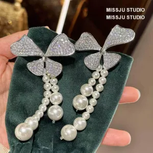 Floral Shaped Sparkly Pearl Deco Tassel Earrings