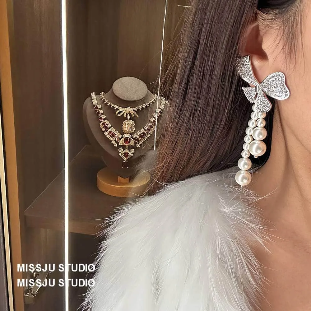 Floral Shaped Sparkly Pearl Deco Tassel Earrings