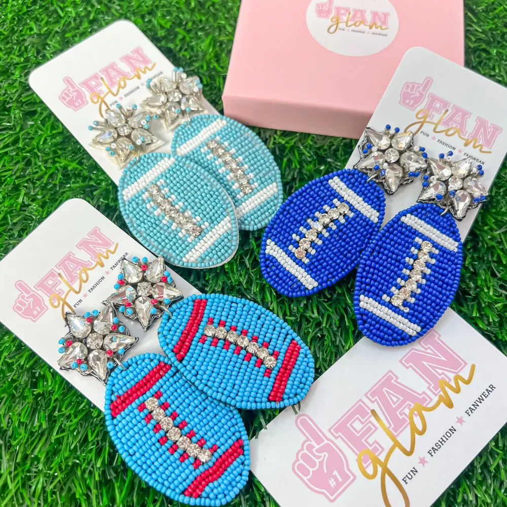 FOOTBALL BEADED EARRINGS RHINESTONE ACCENTS - 14 COLORS