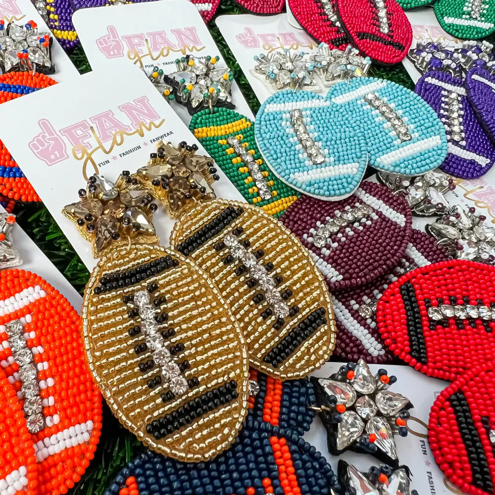 FOOTBALL BEADED EARRINGS RHINESTONE ACCENTS - 14 COLORS