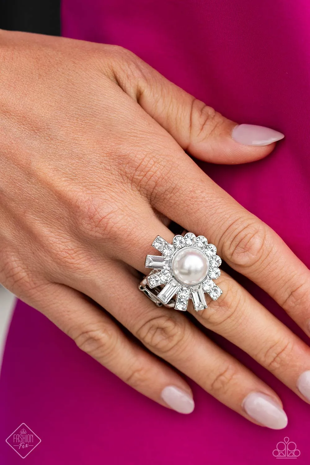 Gatsby Getaway - White - Pearl and Rhinestone Paparazzi Ring -  October 2023 Fiercely 5th Avenue