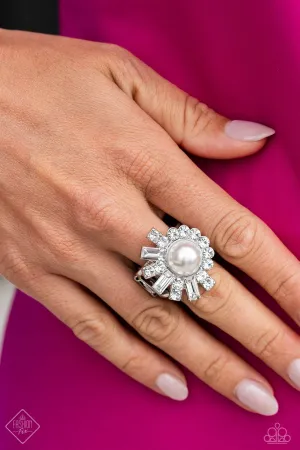 Gatsby Getaway - White - Pearl and Rhinestone Paparazzi Ring -  October 2023 Fiercely 5th Avenue