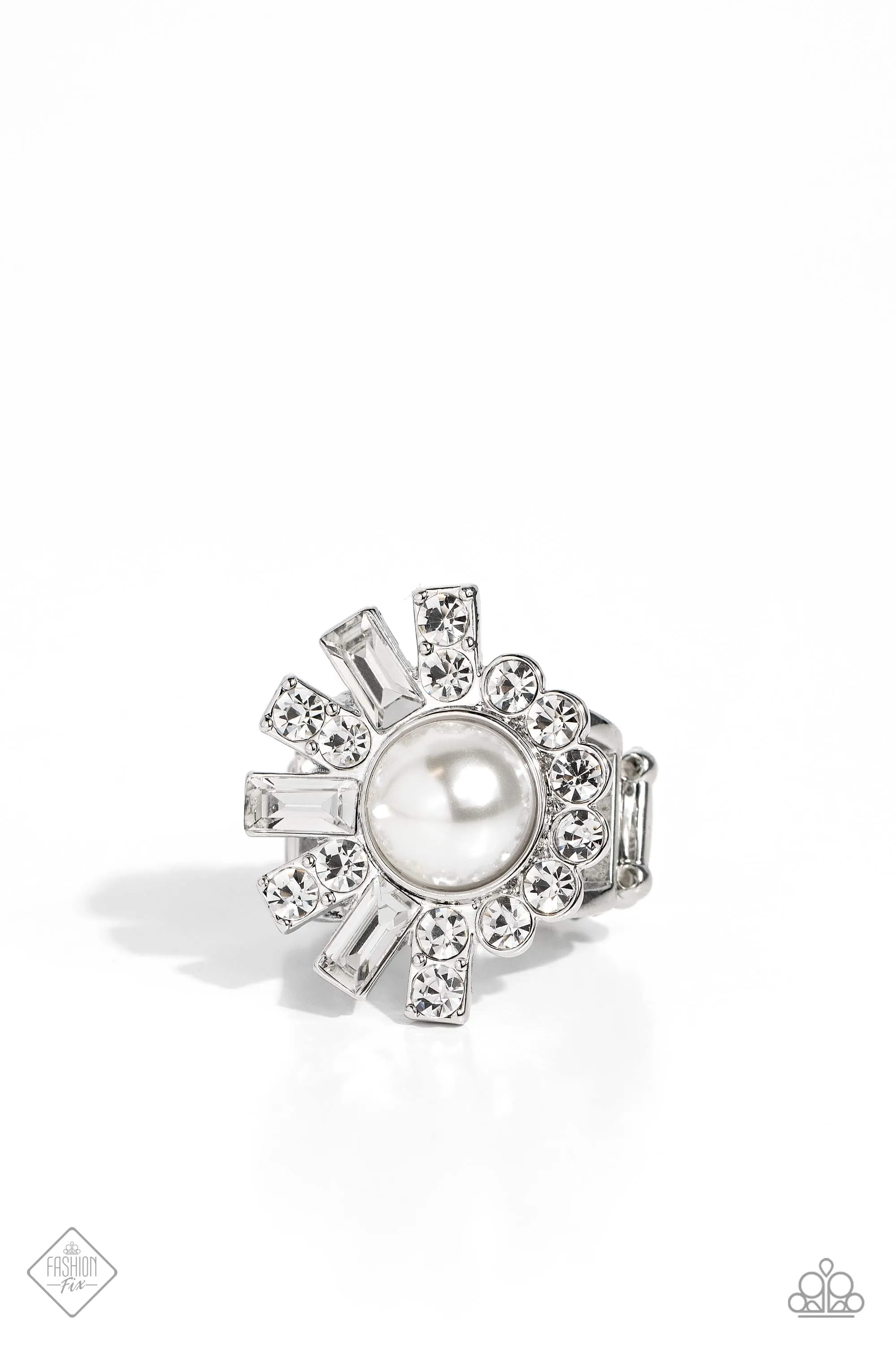 Gatsby Getaway - White - Pearl and Rhinestone Paparazzi Ring -  October 2023 Fiercely 5th Avenue
