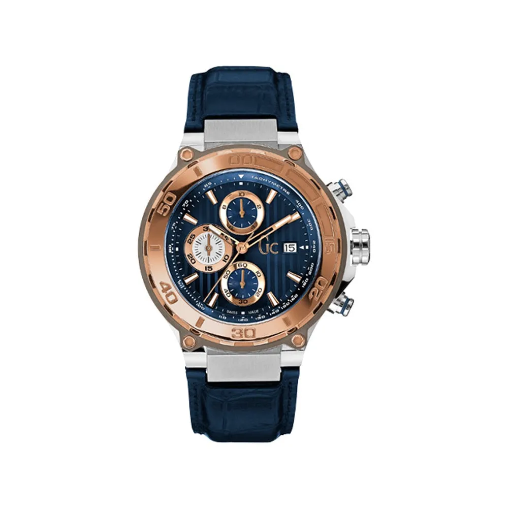 Gc 2 Tone Men's Chronograph Watch With Blue Dial & Blue Leather Strap