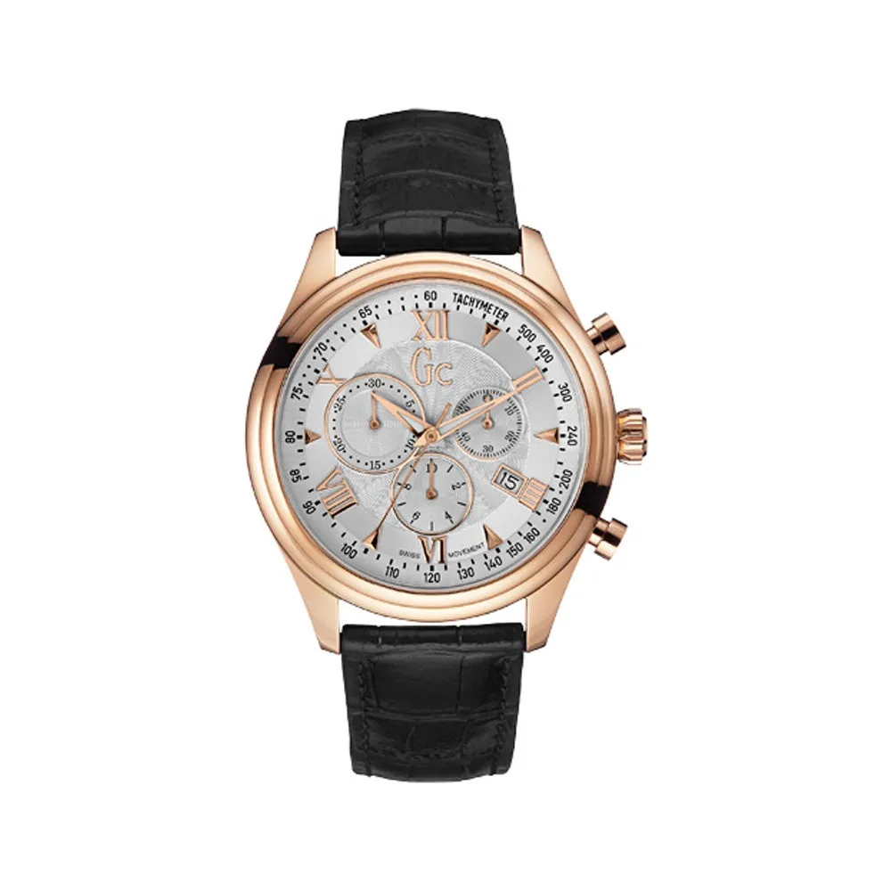 Gc Men's Chronograph IP RG Watch With White Dial & Black Leather Strap
