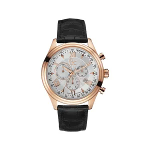 Gc Men's Chronograph IP RG Watch With White Dial & Black Leather Strap