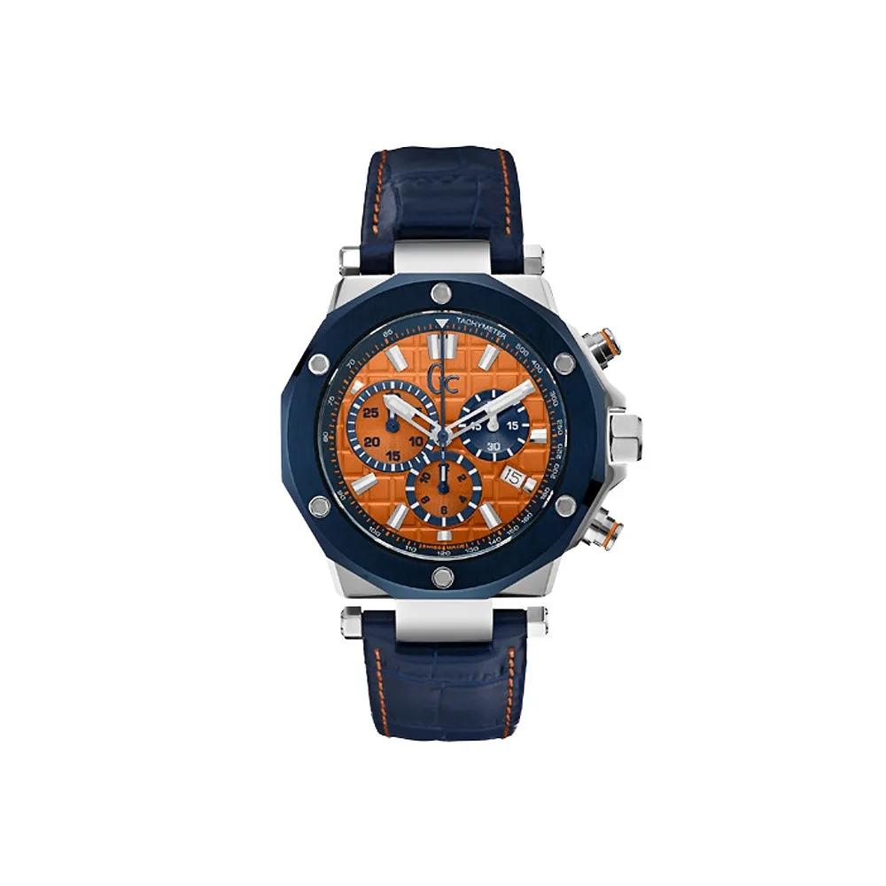 Gc Men's Chronograph Watch With Orange Dial & Blue Leather Strap