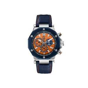 Gc Men's Chronograph Watch With Orange Dial & Blue Leather Strap