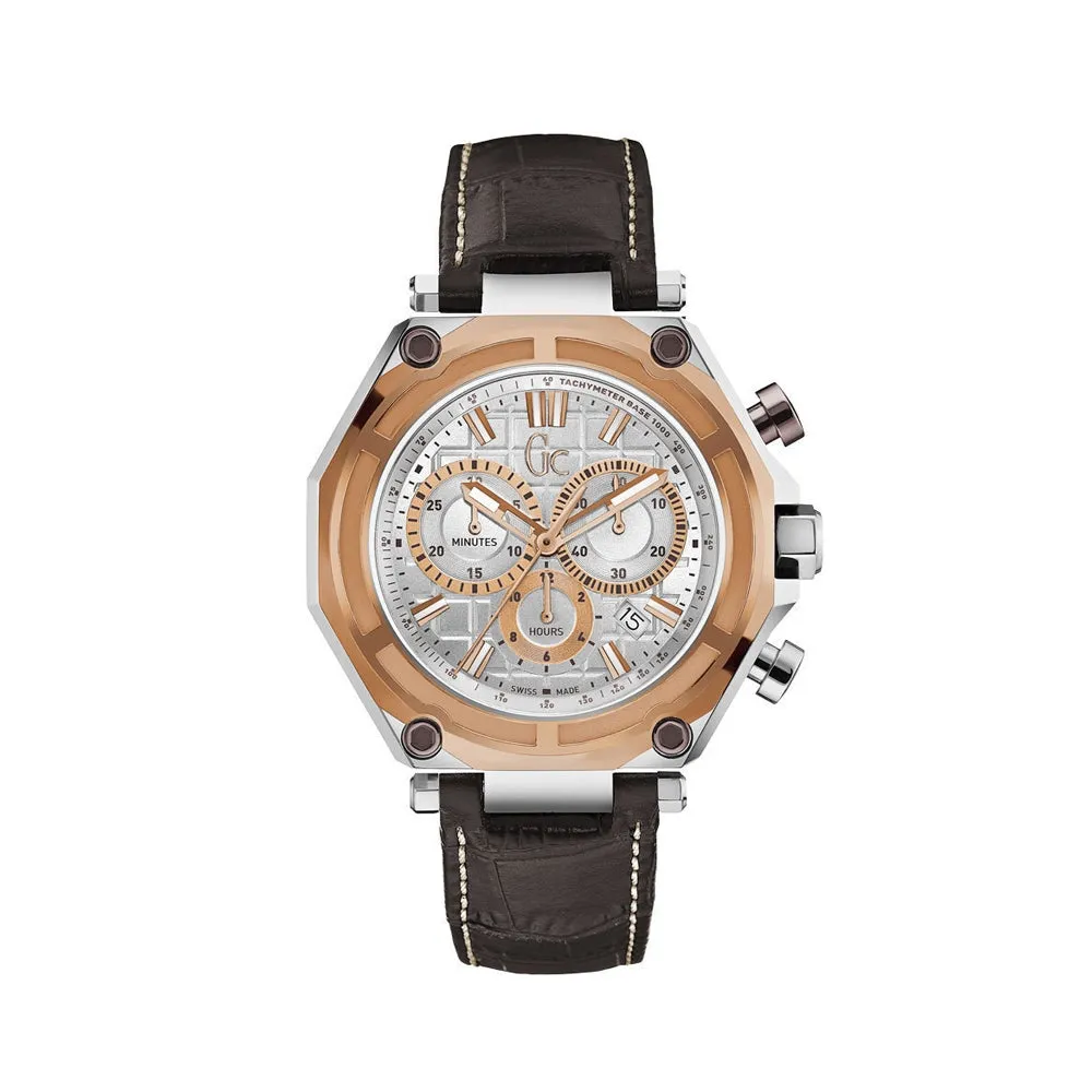 Gc Men's Chronograph Watch With Silver Dial & Black Leather Strap