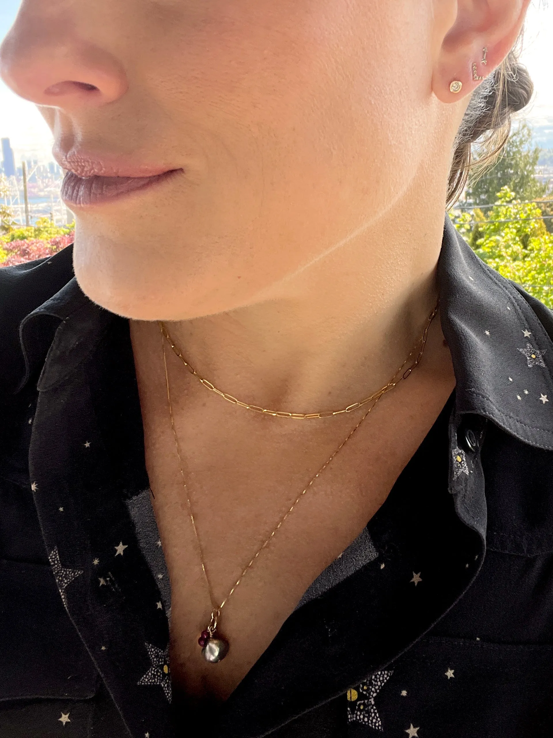 Gemstone Cluster Necklace: Blue Keshi Pearl and Rubies