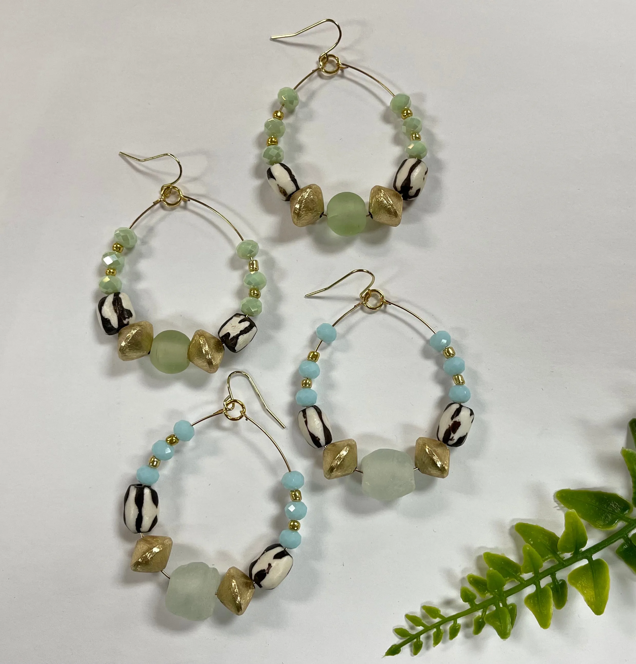 Geo Beaded   Stone Earrings -Green