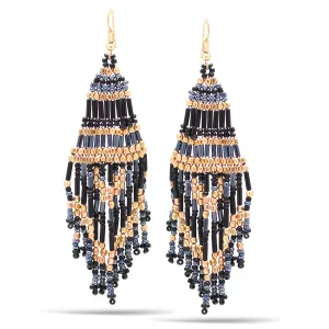 GOLD AND BLACK BEADS TASSEL EARRINGS #FWNK-1806-54