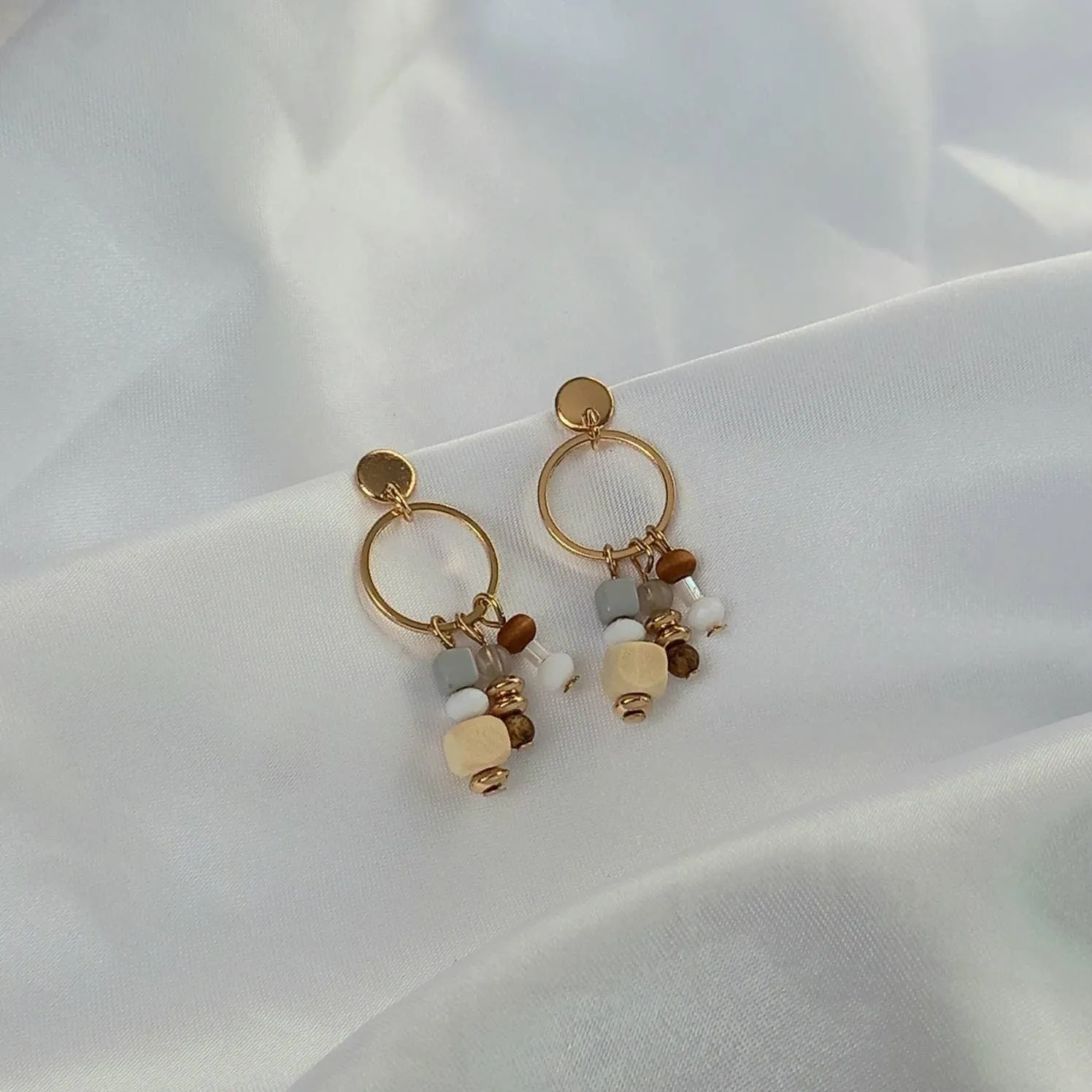 Gold Beaded Drop Earrings -Beaded Jewellery,Small Beaded Earrings,Small Gold Earrings In The UK,Wooden Bead Earrings,Wooden Beaded Jewellery