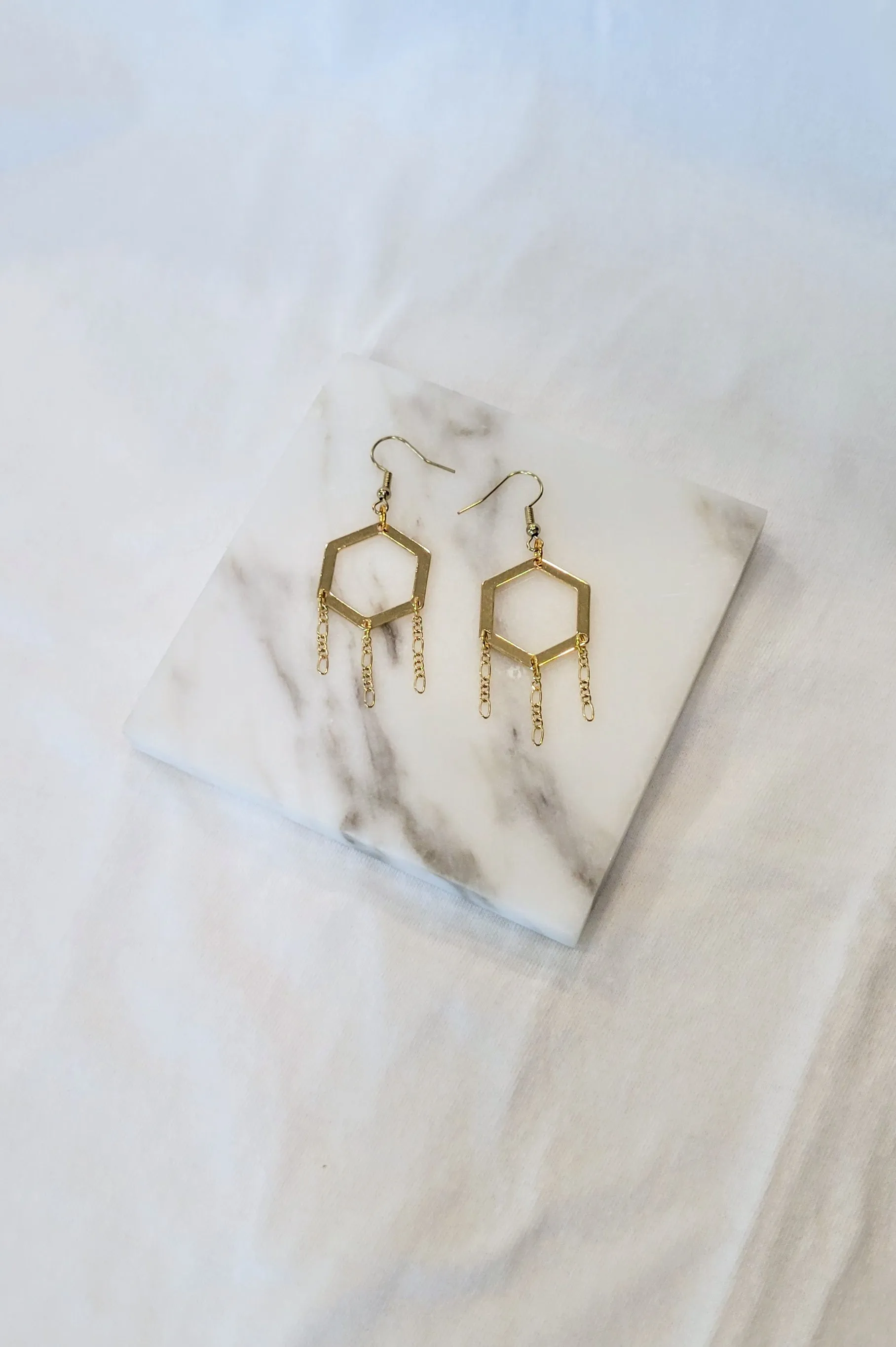 Gold Hexagon Tassel Drop Earrings - Honey in the Rock