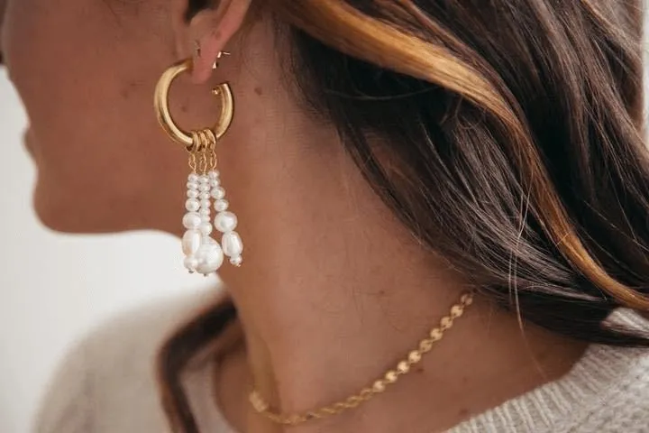Gold Hoop Earrings with Freshwater Pearl Tassels | Detachable Charms for Versatile Styling
