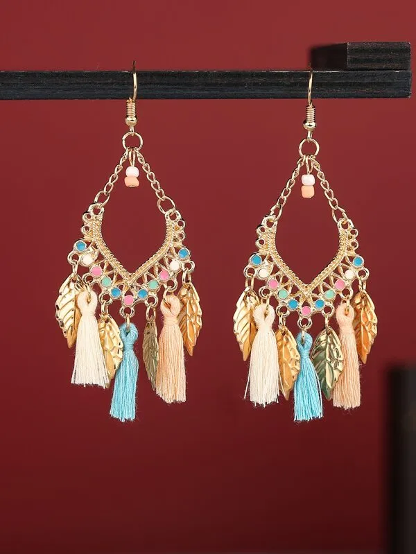 Gold Leaf Multi Color Tassel Earrings