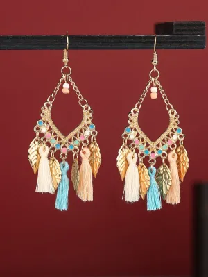 Gold Leaf Multi Color Tassel Earrings
