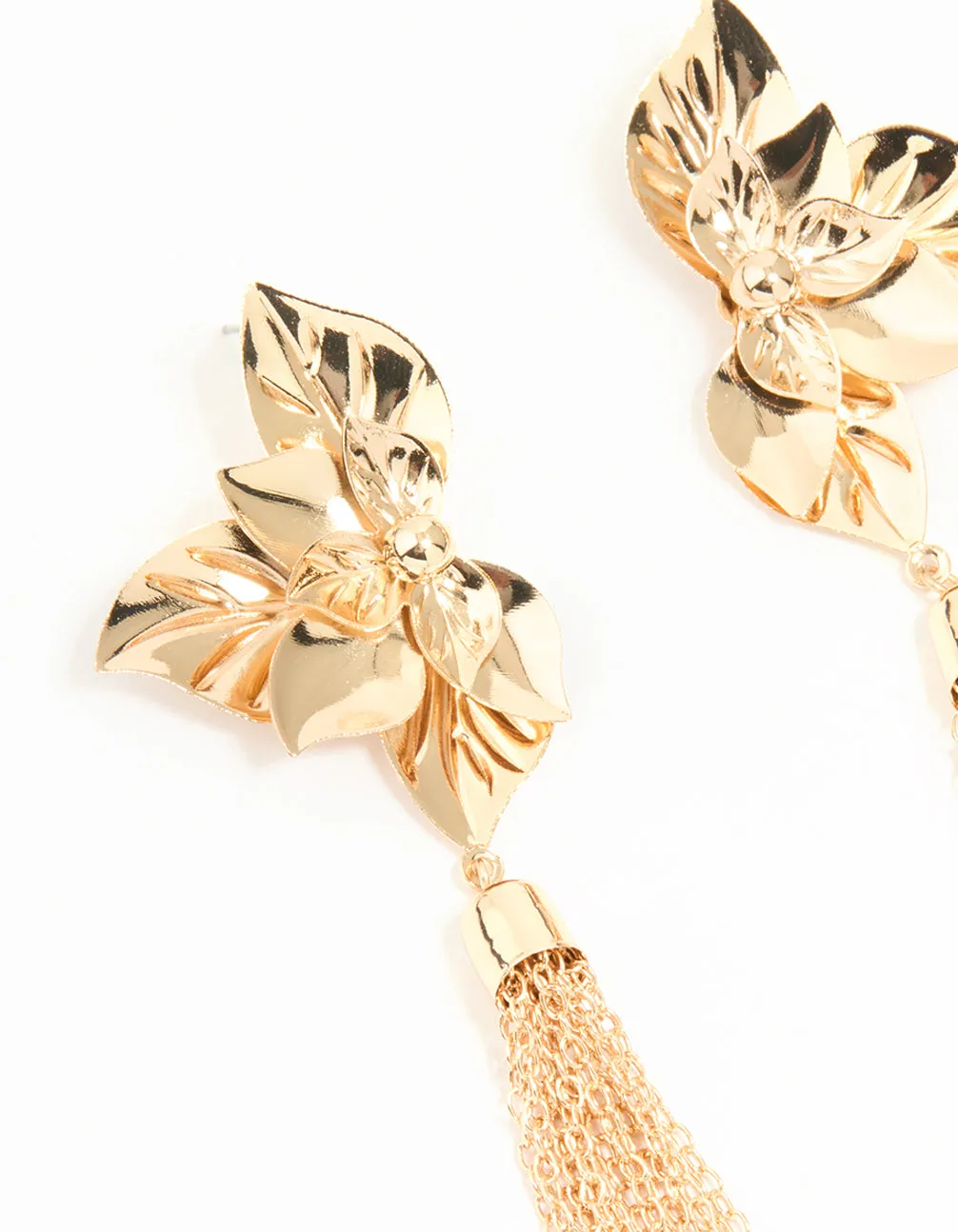 Gold Orchid Tassel Drop Earrings
