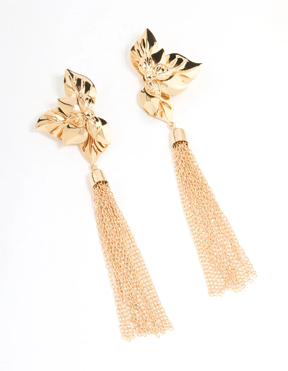 Gold Orchid Tassel Drop Earrings