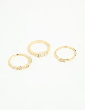 Gold Plated Baguette & Mini Round Rings 3-Pack