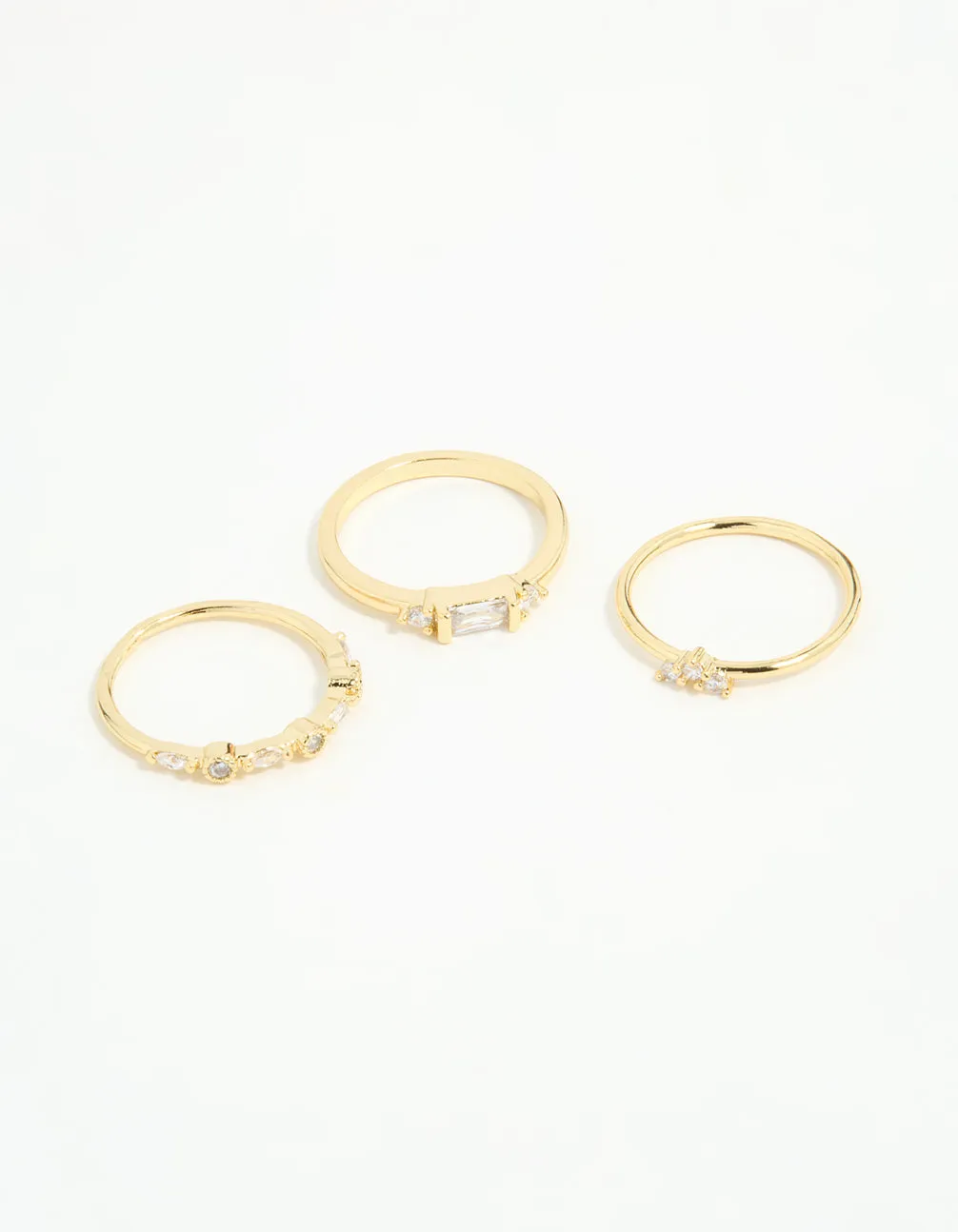 Gold Plated Baguette & Mini Round Rings 3-Pack