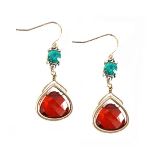 GOLD-RED GOLD TRIANGLE WITH RED AND GREEN MIXED BEAD DANGLING EARRINGS  #SE29365_G-RED-GRN (BA18)