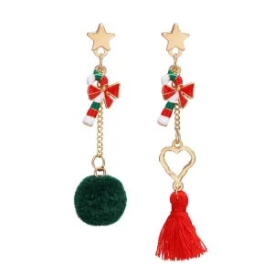 Green & Red Pom-Pom Tassel Candy Cane Mismatched Drop Earrings