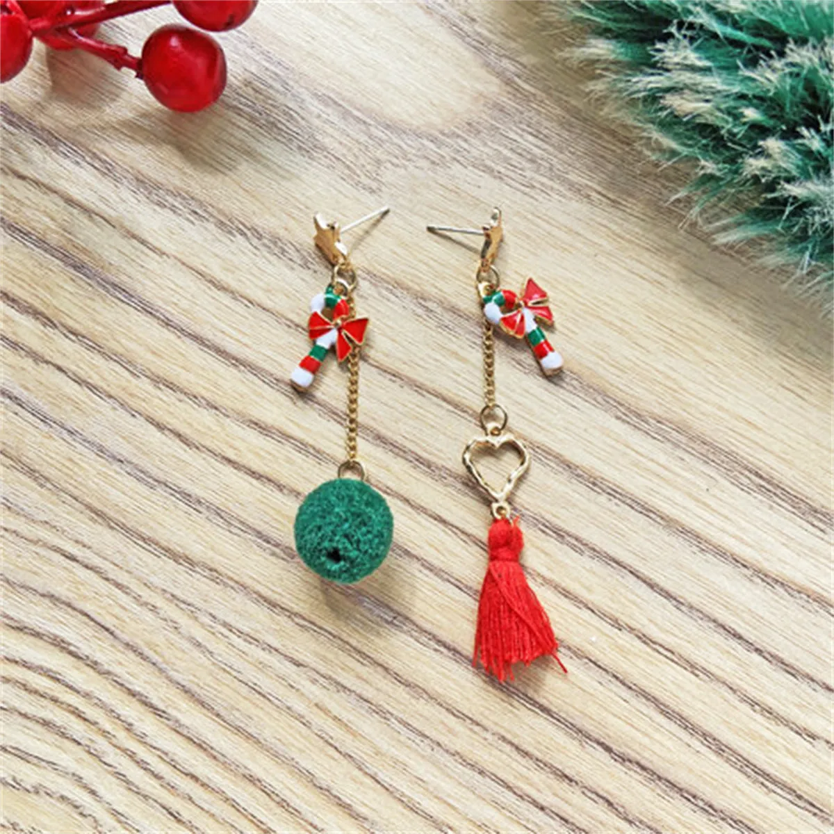 Green & Red Pom-Pom Tassel Candy Cane Mismatched Drop Earrings