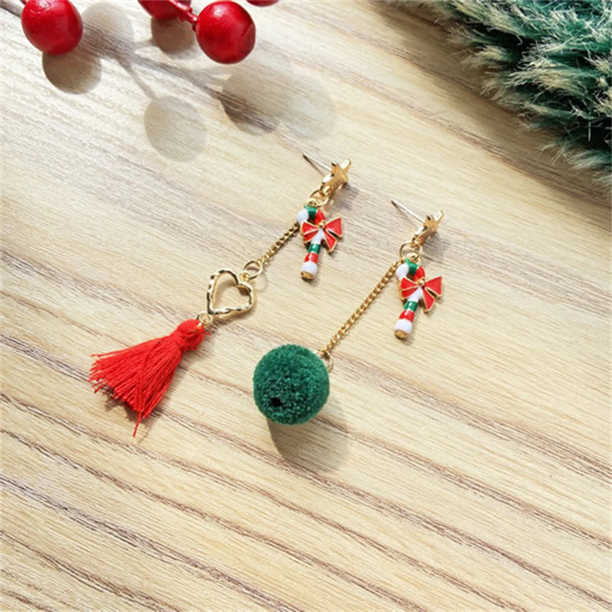 Green & Red Pom-Pom Tassel Candy Cane Mismatched Drop Earrings