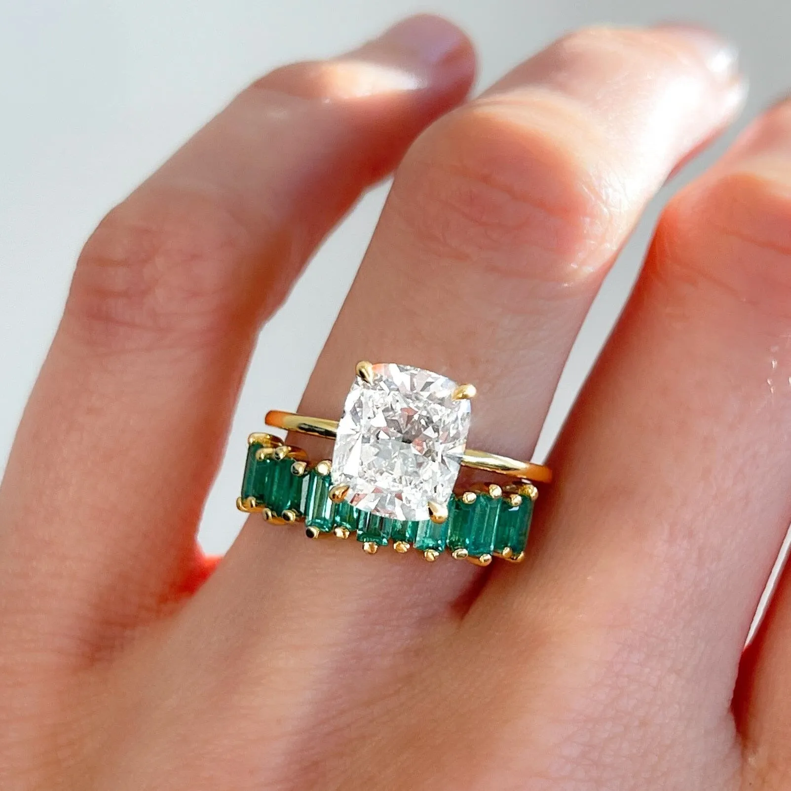 Green Emerald Baguette Wedding Band