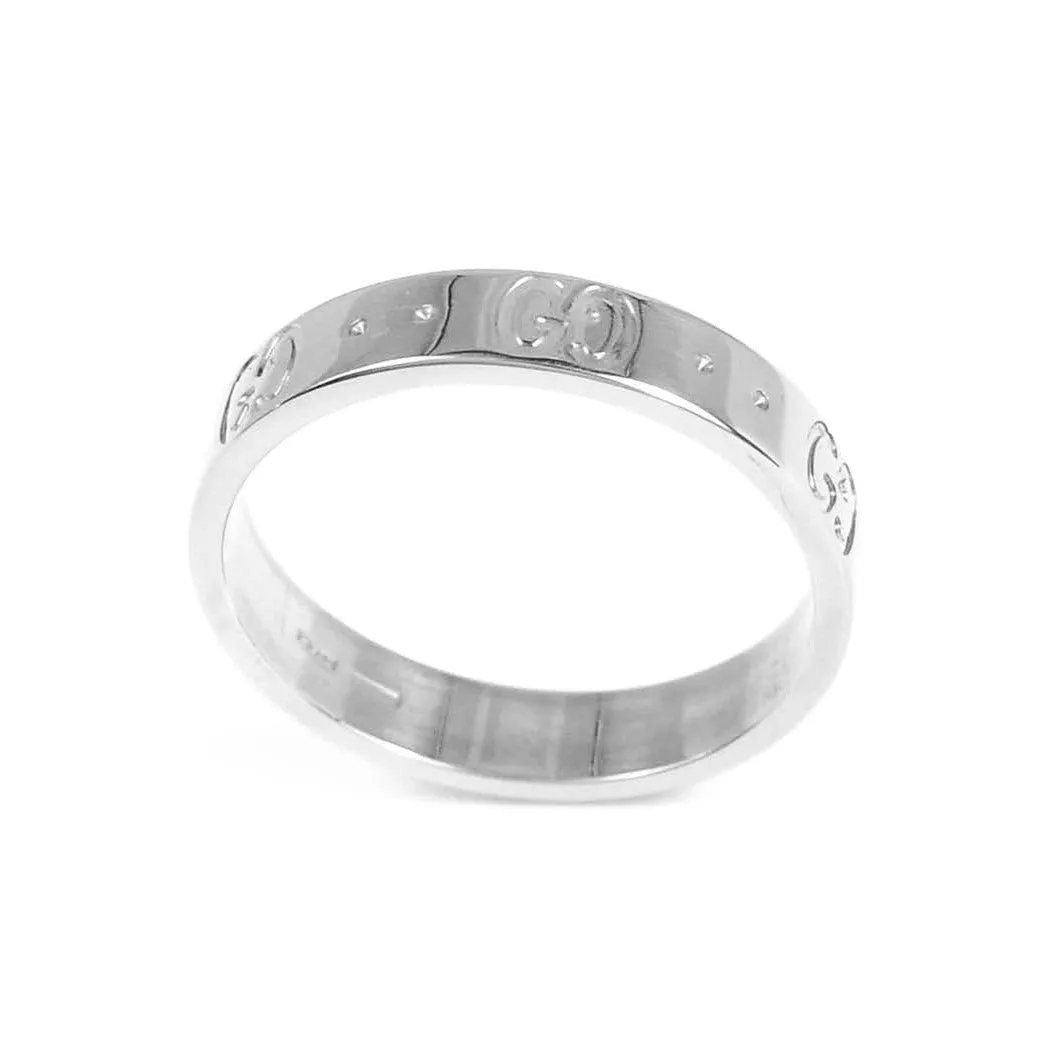 Gucci 18ct White Gold Icon Logo 4mm Band Ring Size : O 1/2 / 18