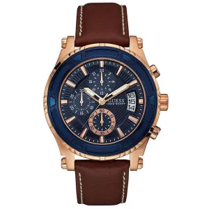 Guess Pinnacle Brown Leather Strap Blue Dial Chronograph Quartz Watch for Gents - W0673G3
