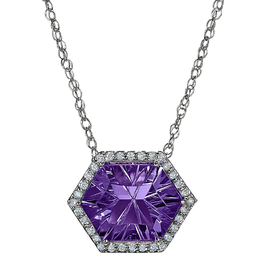 Halo Concave Hexagon Swiss Blue Topaz and Diamond Necklace Worn Two Ways
