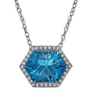 Halo Concave Hexagon Swiss Blue Topaz and Diamond Necklace Worn Two Ways