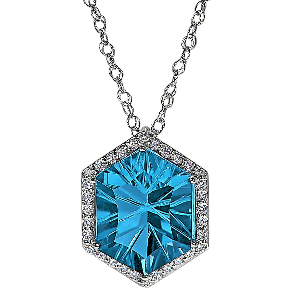 Halo Concave Hexagon Swiss Blue Topaz and Diamond Necklace Worn Two Ways