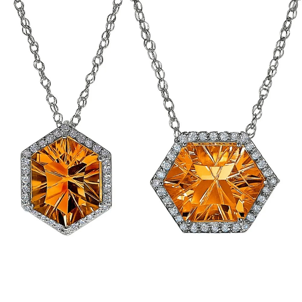 Halo Concave Hexagon Swiss Blue Topaz and Diamond Necklace Worn Two Ways