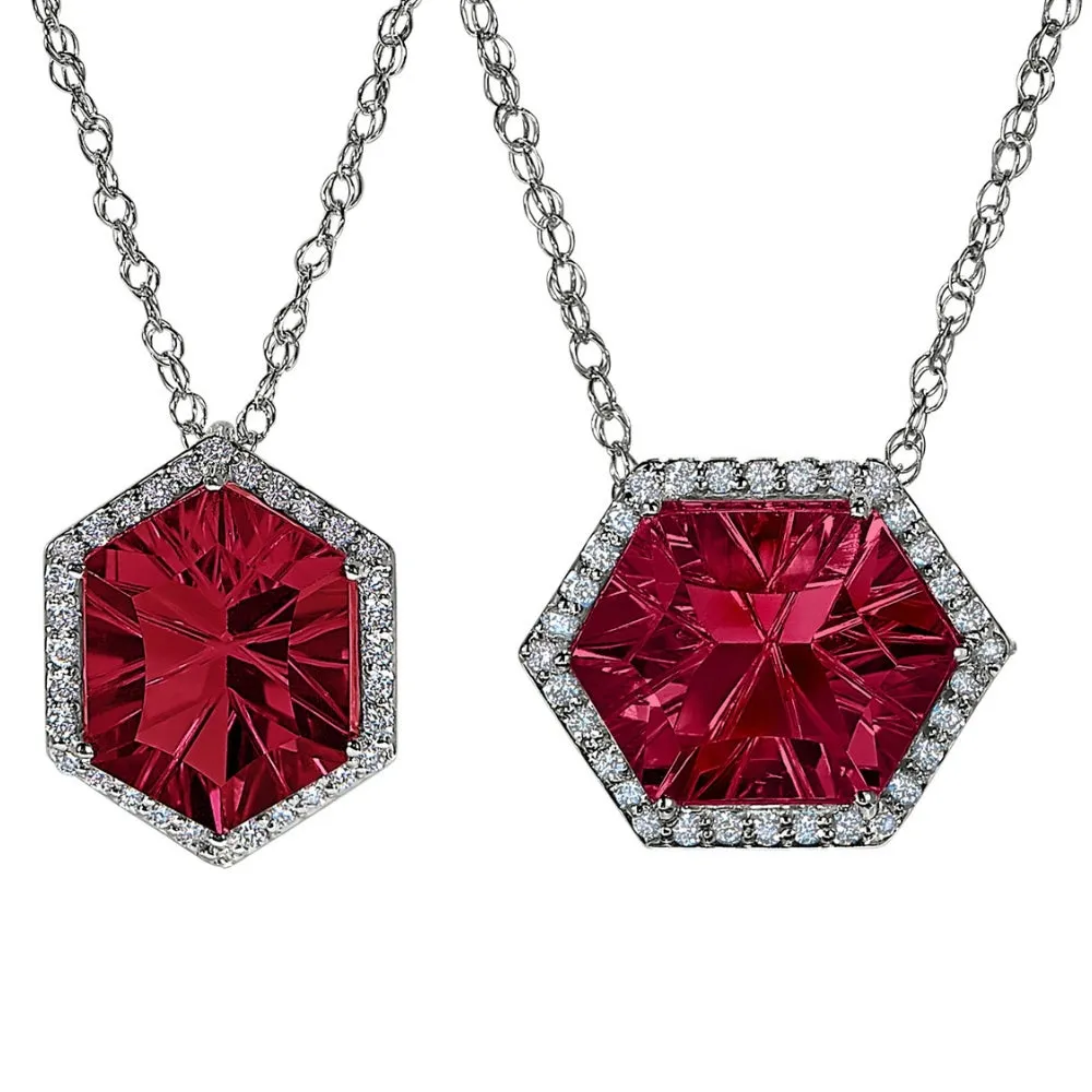Halo Concave Hexagon Swiss Blue Topaz and Diamond Necklace Worn Two Ways