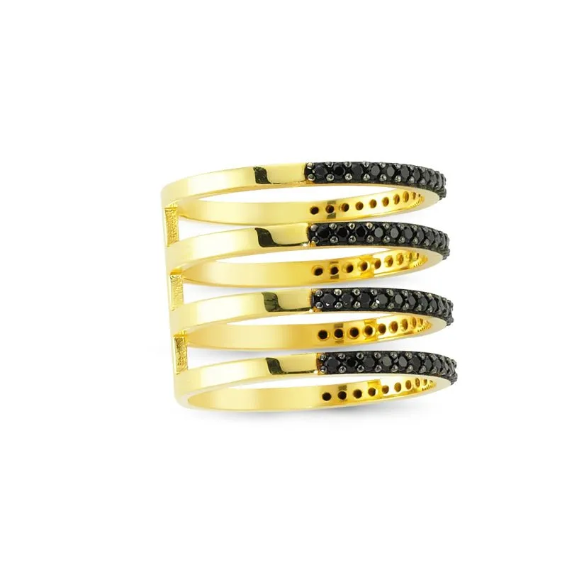 Handmade Black CZ Multi Band Stacked Ring in Sterling Silver with Gold or Rhodium Plating - 0.75 inches in length.