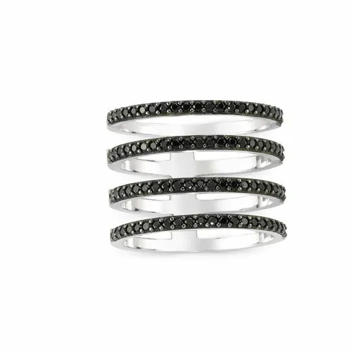 Handmade Black CZ Multi Band Stacked Ring in Sterling Silver with Gold or Rhodium Plating - 0.75 inches in length.