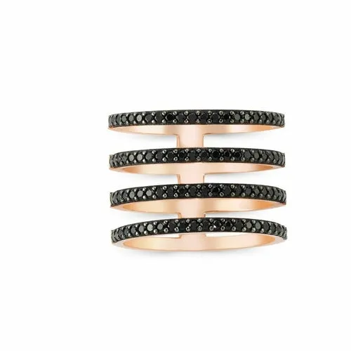 Handmade Black CZ Multi Band Stacked Ring in Sterling Silver with Gold or Rhodium Plating - 0.75 inches in length.