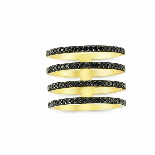 Handmade Black CZ Multi Band Stacked Ring in Sterling Silver with Gold or Rhodium Plating - 0.75 inches in length.