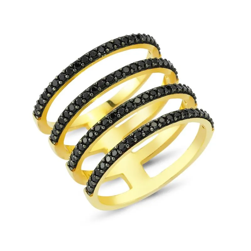 Handmade Black CZ Multi Band Stacked Ring in Sterling Silver with Gold or Rhodium Plating - 0.75 inches in length.